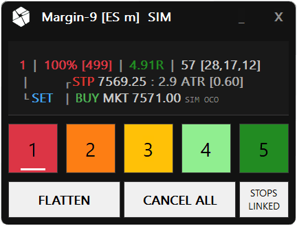 Margin-9 trading panel showing a stop placement measured in ATR multiples of current volatility
